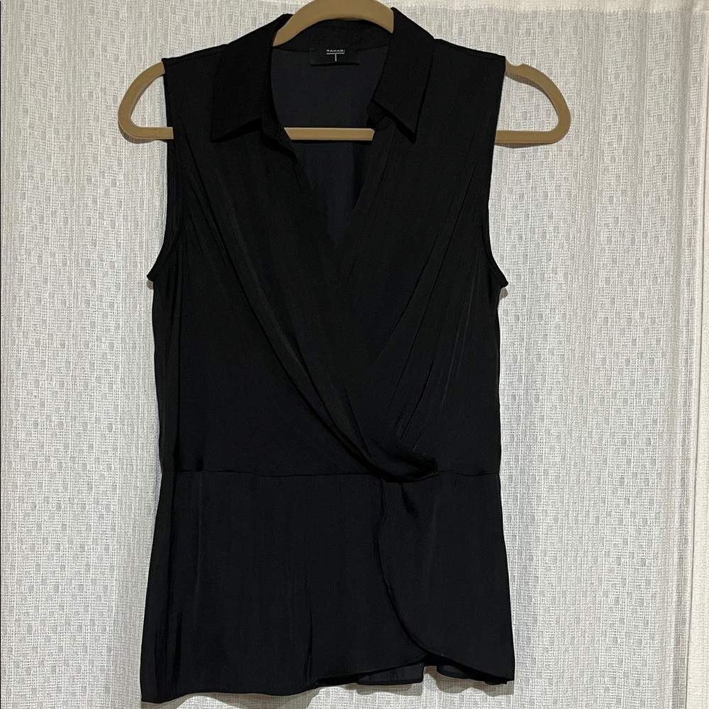Tahari Black Sleeveless Cross Over Blouse with Peplum